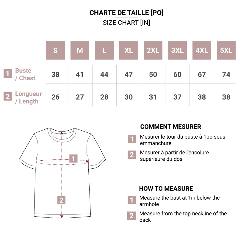 Charte de taille Size chart T-shirt